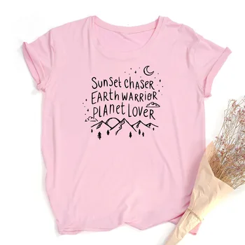 Saulėlydžio Chaser Žemės Kariai Planetos Meilužio Laišką Spausdinti Moterų Vasaros Atsitiktinis Marškinėliai Moterų Sporto Viršūnės Estetinės Grafinis T-shirt