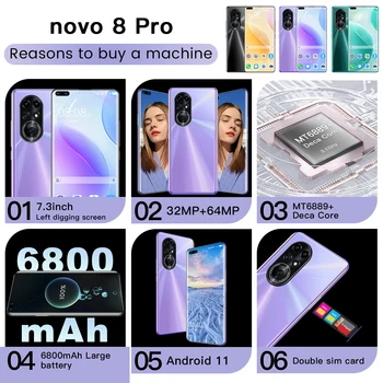 Smartphonach Huawe Novo8 Pro 7.3 colių Android 64MP Galinio vaizdo Kamera, 16 GB RAM 512 GB ROM 6800mAh Deka Core CPU Mobiliųjų Telefonų Sandėlyje