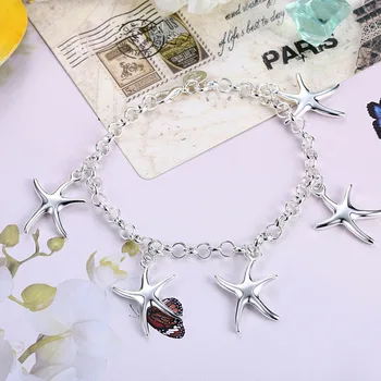 Specialus pasiūlymas mados 925 sterlingas sidabro Apyrankės moteris penkerius starfish Pendant grandinės juvelyrikos Vestuves Kalėdų dovanos