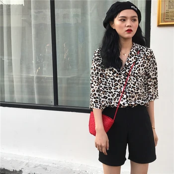 Streetwear Leopard Dizainerio Mados Prekės ženklo Vasaros Moterims Palaidinės Ponios Viršūnes Turn-žemyn Apykaklės Marškinėliai Šifono Blusa Vetement Femme