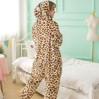 Suaugusieji Pižama Moterims, Flanelė Sleepwear Unisex Mielas Leopardas Lokys Animacinių Filmų Gyvūnų Pajama Nustatyti Gobtuvu Pižamos Kigurumi