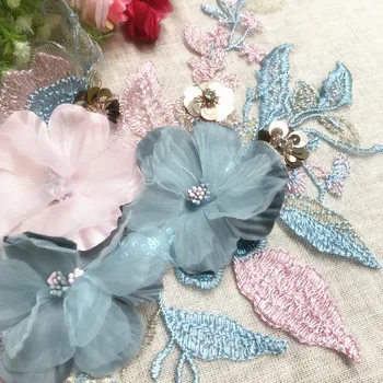Trimatis spalvos gėlių siuvinėjimas nėrinių pleistras drabužių suknelė vaikų vestuvių suknelė namų puošybai pleistras