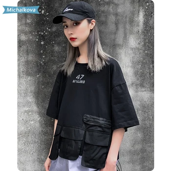 Trys kišenės funkciją dark punk Tee Hip-hop High street moterų/Vyrų drabužių marškinėliai trumpomis rankovėmis Harajuku Jogger michalkova