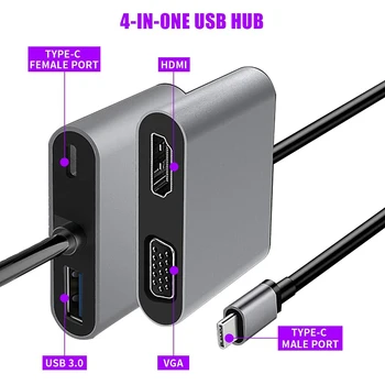 USB C Hub su C Tipo 4 in 1 USB Šakotuvą, Dvejopo Ekrano, 4K HDMI/HDTV, VGA Adapteris ir USB 3.0 Baterija HP Nešiojamas kompiuteris