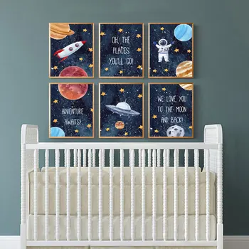 Vaikų darželio Sienos Meno Erdvė Astronautas Nuotrauką Erdvėlaivis NSO, Plakatų ir grafikos Vaikų Kambario Dekoracija Visatos Nuotrauką Vaikas