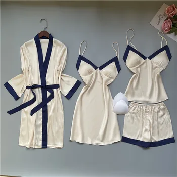 Vasaros Moterų Šilko Satino Pižama Rinkiniai Dirželis Sleepwear 4/2/1 Vnt Moterų Nėriniai Lounge Pyjama su Krūtinės Pagalvėlės Namų Drabužiai