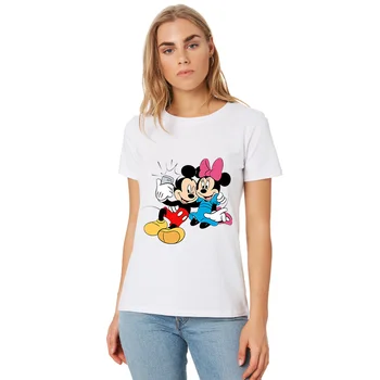 Vasarą J.＆PONIA Mickey Mouse Kiss Marškinėlius Viršūnes Atsitiktinis Moterų marškinėliai Ulzzang Streetwear Harajuku trumpomis Rankovėmis 