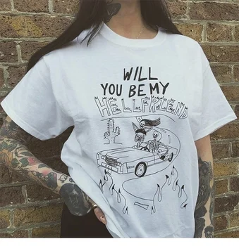 VIP HJN Jums Reikia Mano Hellfriend T-Shirt Hipsters Grunge Stiliaus Tumblr Marškinėliai 90s Street Wear White Tee