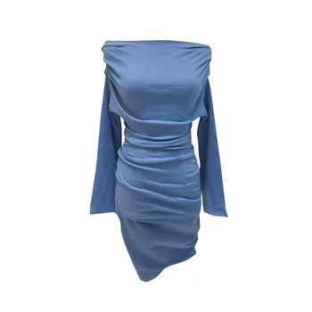 WOMENGAGA Rudens žiemos seksualus Velniop kaklo suknelė moterų manžetai slim-fit mini plisuotos suknelė ilgomis rankovėmis klubo prigludusi prie kūno suknelė F8CZ