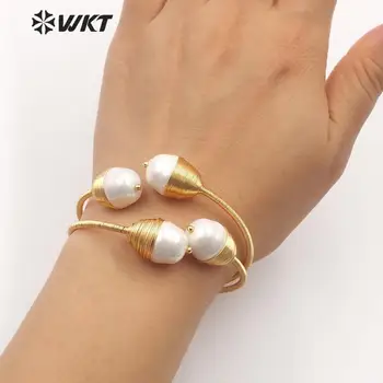 WT-B509 Naujo dizaino handmake viela suvynioti shell bangle aukso baroko formos, reguliuojamo dydžio shell perlų bangle