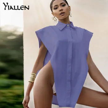 Yiallen 2021Summer Naujos Palaidinės Moteris Atvartas, Seksualus, be Rankovių Pusėje Tuščiaviduriai Mygtuką Viršūnes Atsitiktinis Mados Streetwear Moterų Marškinėliai