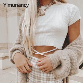 Yimunancy Trumpas Rankovės Pasėlių Viršuje Moterų Kryžiaus Tee Marškinėliai 2020 Ponios Baltos Seksualus Viršų