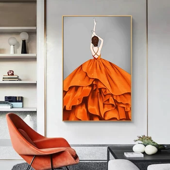 Šiuolaikinio Abstraktaus Kilnus Oranžinė Suknelė Moteris Drobė, Tapyba Šiaurės Plakatai ir Spausdina Sienos Menas Namų Dekoro (be Rėmelio)