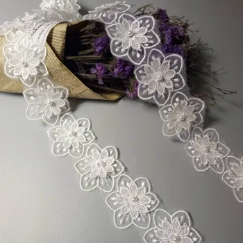 1 Kiemas White Pearl Gėlių Tirpsta Organza Nėrinių Apdaila Mezgimo Vestuvių Išsiuvinėti 