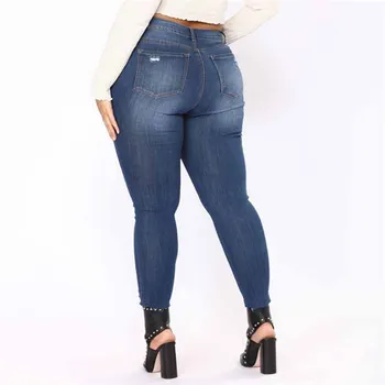 2019 Plius dydis XXL-7XL džinsinio audinio kelnės moterims mados skylę išplautų džinsai moteriška aukštos juosmens, plonas atsitiktinis pieštuku kelnės kelnės G395