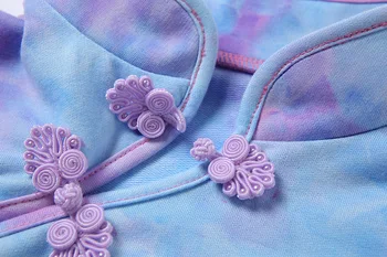 2020 Cheongsam Kinų Stiliaus Trumpomis Rankovėmis Violetinė Kaklaraištis Dažų Moterų Mados Vasaros Drabužių Elegantiškas Mygtuką, Moterų Topai Marškinėliai Slim