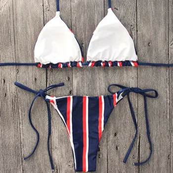 2020 Nauji Moteriški maudymosi Kostiumėliai Moterims, Push-up Mažas Juosmens Dryžuotas Bikini Komplektas Kamšalu Tvarstis maudymosi kostiumėlį, Diržas, Tamsiai Mėlynos Stilių Paplūdimio