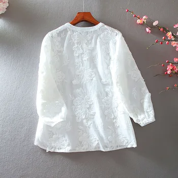 2021 korėjos versija pavasario siuvinėjimas, drabužių, purus baltas retro nėrinių siuvinėjimas medvilnės marškinėliai palaidinė