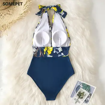 2021 M. Naujas Gėlių Spausdinti Maudymosi Kostiumėliai Moterims Apynasrio Juostelės Bikini Backless Plaukimo Kostiumas Nėriniai Moterų Monokini Nustatyti Vieną-Vienetų Xxxl