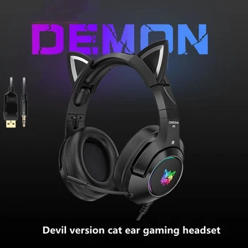 2021 Naujausias Juodas Demonas Versija Kačių Ausų Žaidimų Ausinės Su Mic RGB Šviesos Mobiliojo Telefono ir Kompiuterio Triukšmo K9 Sumažinti laisvų Rankų įranga