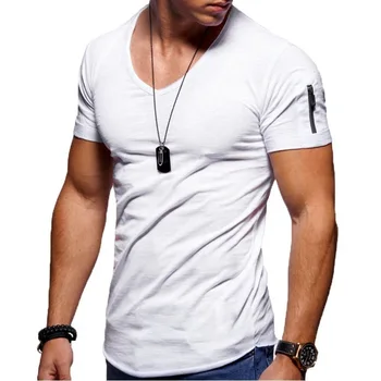 2021 Nauji vyriški V-kaklo marškinėliai Sveikatingumo Kultūrizmo T-shirt High Street Vasaros trumparankoviai Užtrauktukas Atsitiktinis Medvilnės Viršų