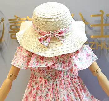 2021 Naujų Mergaičių Suknelė Mados Off-pečių Gėlių Spausdinti Vasaros Suknelė Atostogų Stilius Vaikų Suknelė + Hat