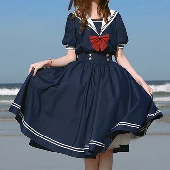 2021 Vasaros Harajuku Sailor Apykaklės Navy Suknelė Moterų Lolita Saldus, Gražus Lankas-mazgas Mergina Retro Preppy Stiliaus trumpomis Rankovėmis Suknelės