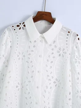 2021 Za Siuvinėjimo Balti Marškiniai Moteris Ilgomis Rankovėmis Pasėlių Viršų Moteriška Elegantiškas Blusas Tuščiaviduriai Iš Gatvės Mygtuką Iki Palaidinė Chemise