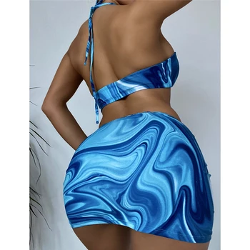 3 gabalus sijonas swimsuit moterys push up Bandeau bikini 2021 Tuščiaviduriai iš plaukimo Aukšto juosmens maudymosi kostiumai Seksualus mėlynos spausdinti maudymosi kostiumas