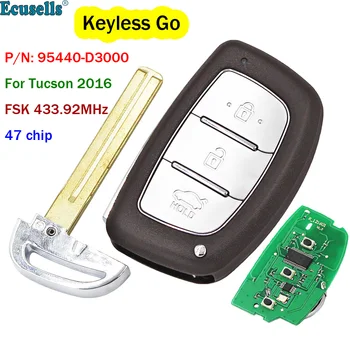 3 Mygtuką FSK 433.92 MHz Keyless-Go Nuotolinio Rakto Pakabuku su 47 Mikroschemą Hyundai Tucson 2016 PN: 95440-D3000 HY22 Pūko Peilis