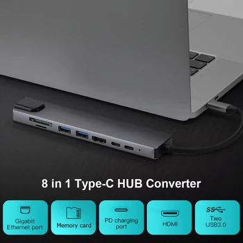 8 1 5Gbps USB 3.1 Tipas-C HUB 4K HDTV 1080P VGA 2 USB3.0 TF PD Audio Adapteris Sąsiuvinis Išmanųjį telefoną Plėtra Skaičiuoklė