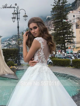 Alonlivn Duobute Blizgučiais Kristalai O-Kaklo Appliques Elegantiškas A-Line Wedding Dresses