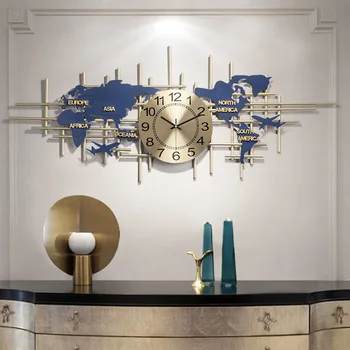 Aukso Šiaurės Didelis Sieninis Laikrodis Pasaulio Žemėlapyje Metalo Kambarį Puošybos Meno, Šiuolaikinio Dizaino Išjungti Virtuvės Laikrodžiai Orologio Da Parete