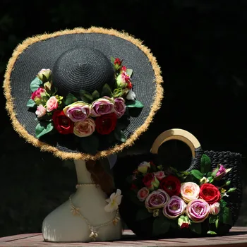 Bohemija, Stilius, Fotografija, Originalūs Dizaino Atsitiktinis Vasaros Atostogų Tote Rankinė Skrybėlę Kostiumas Moterims Mados Rožių Gėlių Šiaudų Paplūdimio Krepšys