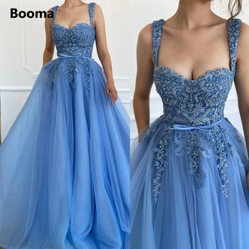Booma Spagečiai Dirželiai Mėlynos Spalvos Tiulio Prom Dresses Brangioji Nėrinių Appliques Top-Line Prom Chalatai Kišenės Ilgai Vestuvės Dress