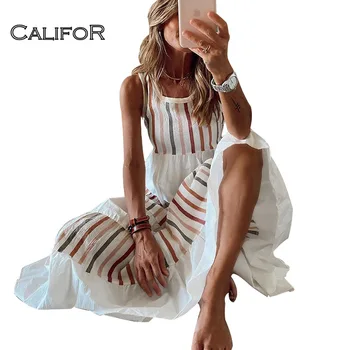 CALIFOR Rankovių Balta Boho Suknelė Moterų Mados Sundresses Moterų 2021 Paplūdimio Naują Atsitiktinis Sujungimas Ilgos Suknelės Moteris