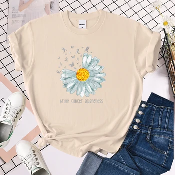 Chrysanthemum Smegenų Vėžio Sąmoningumo Spausdinti Moterų Marškinėliai Hip-Hop Harajuku Tshirts Moterų Atsitiktinis Negabaritinių Trumpomis Rankovėmis Drabužius