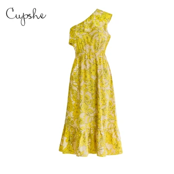 CUPSHE Vieną Petį Susiėmę Midi Suknelė Moteris Seksuali Geltona Gėlių Vasaros Atostogų Suknelė 2021 Naujas Paplūdimio Sundress Vestidos