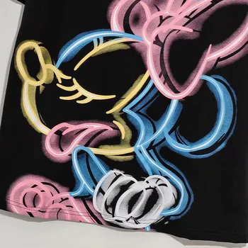 Disney Marškinėliai Mados NEON Grafiti Minnie Mouse Animacinių filmų Spausdinti Moterys T-Shirt O-Kaklo trumpomis Rankovėmis Medvilnė Tee Viršūnes Moteriška Juoda
