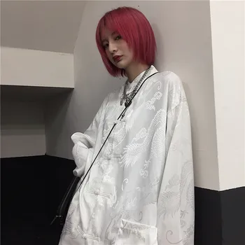 Dragon Spausdinti Harajuku Streetwear Moterų Žmogus Palaidinė Kinų Stiliaus Stovėti Apykaklės Sagtis Derliaus Juoda Balta Marškinėliai Blusas