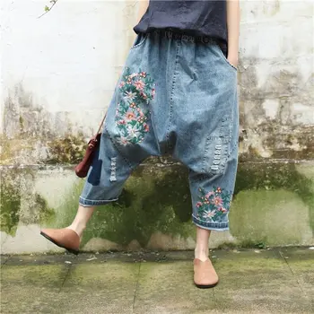 Elastinga Juosmens Gėlių Siuvinėjimas Hip-Hop Stiliaus Negabaritinių Džinsinio audinio Kelnės Moterų Džinsinio audinio Kelnės baggy jeans capris kelnes moterų džinsai