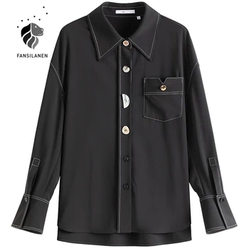 FANSILANEN Mados mygtuką aukštyn juoda palaidinė marškinėliai Moterims ilgomis rankovėmis pavasario atsitiktinis negabaritinių marškinėliai Moteriška office ponios elegantiškas viršų