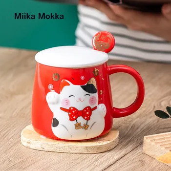 Japonija Stiliaus Kūrybos Pasisekė Katė Coffe Puodelis su Dangteliu Šaukštas Keramikos Puodelis Arbatos Puodelio Švenčių Stiliaus Mielas Pora Puodelių Pieno Puodeliai 380ML