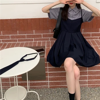 Japonijos Harajuku Jk Vienodas Studentų Rinkinys Moterims trumpomis Rankovėmis Marškiniai ir Aukšto Juosmens Mini Dirželis Suknelė Kawaii 2 Dviejų dalių Komplektai