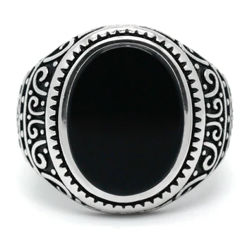Juodos spalvos vyriški Žiedas su Agato, 925 Sterlingas Sidabro Ovalo formos Natūralus Plokščio Akmens Žiedas Derliaus Iškirpti Dizaino Papuošalai, Vyrų Vyro Dovana