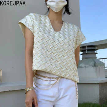 Korejpaa Moterys T-Shirt 2021 M. Vasarą Korėjos Elegantiškos Retro Temperamentas V-Kaklo Rankomis Austi Dizaino Prarasti Vientisos Spalvos Plaukioja Rankovės Liemenė