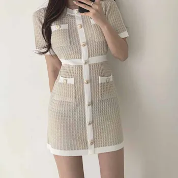 Korėjos 2021 M. Vasarą Seksualus Šalies Elegantiška Juoda Slim Megzti Suknelę Mygtuką Bodycon Mini Suknelė Vestido Moda Feminina Ropa Mujer12105