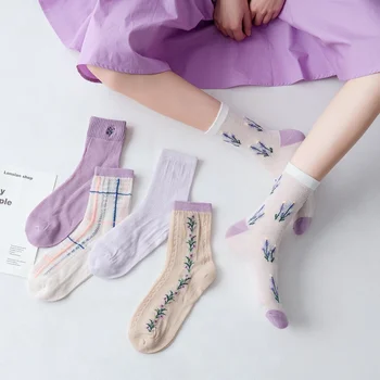 Korėjos Gėlių Spausdinti Moterų Kojinės Vasaros Plonas Akies Kvėpuojantis Harajuku Streetwear Ilgas Kojines Lolita Kawaii Mielas Mergaičių Įgulos Kojinės