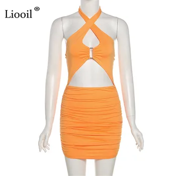 Liooil Seksualus Ruched Apynasrio Bodycon Mini Suknelė Moterų Berankovis Vasaros Backless Tuščiaviduriai Out Juoda Balta Oranžinė Šalies Paplūdimio Suknelės