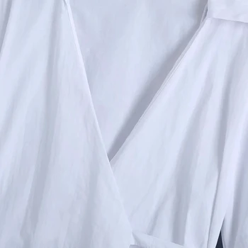 Mados Moterų Kryžiaus V-Kaklo Įvyniojimas Marškinėliai Moteriška Balta Ilgomis Rankovėmis Palaidinė Atsitiktinis Lady Prarasti Viršūnes Blusas S8750